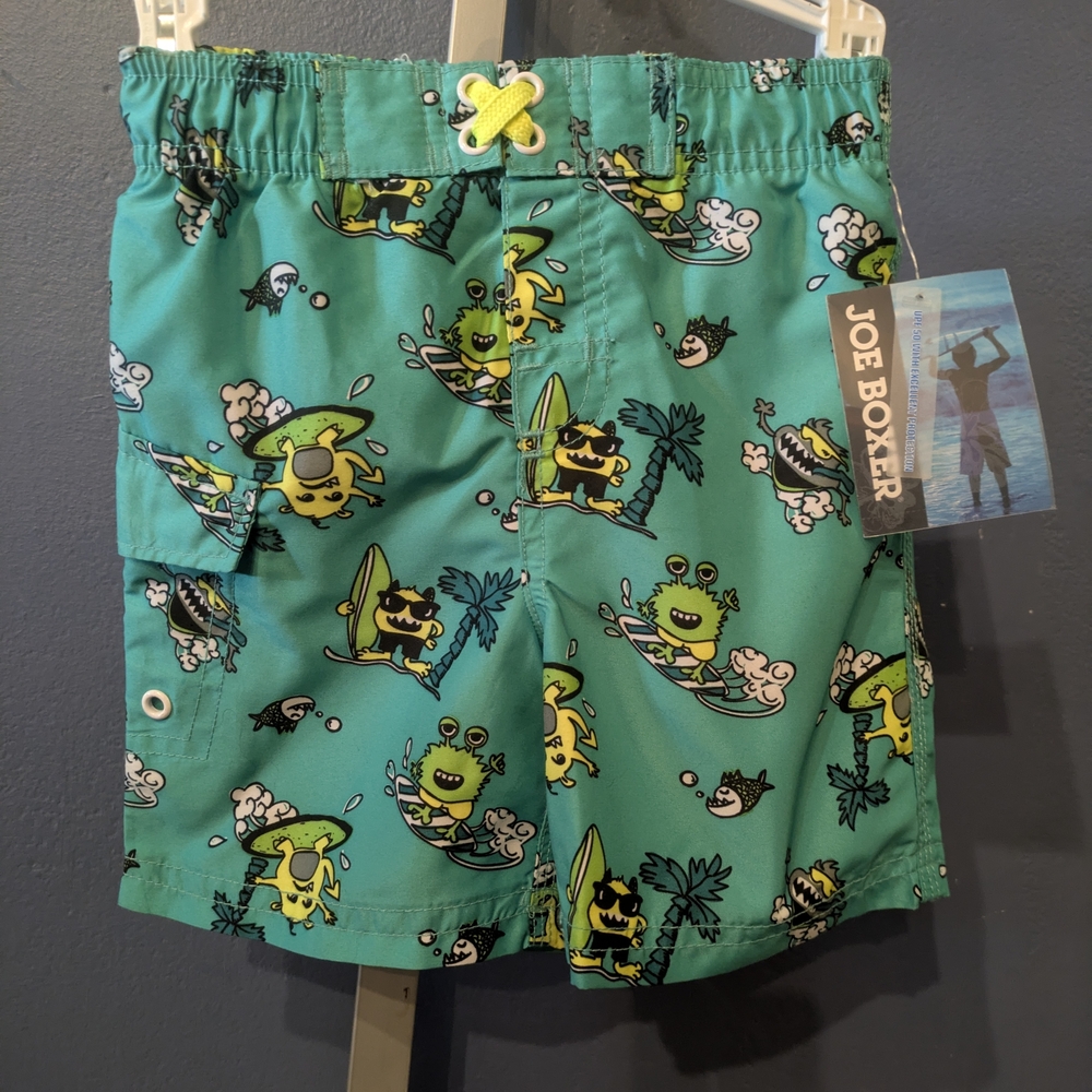 12-24m Joe Boxer Kids' Teal Monster Surfing Print Swim Shorts Swim Trunks New